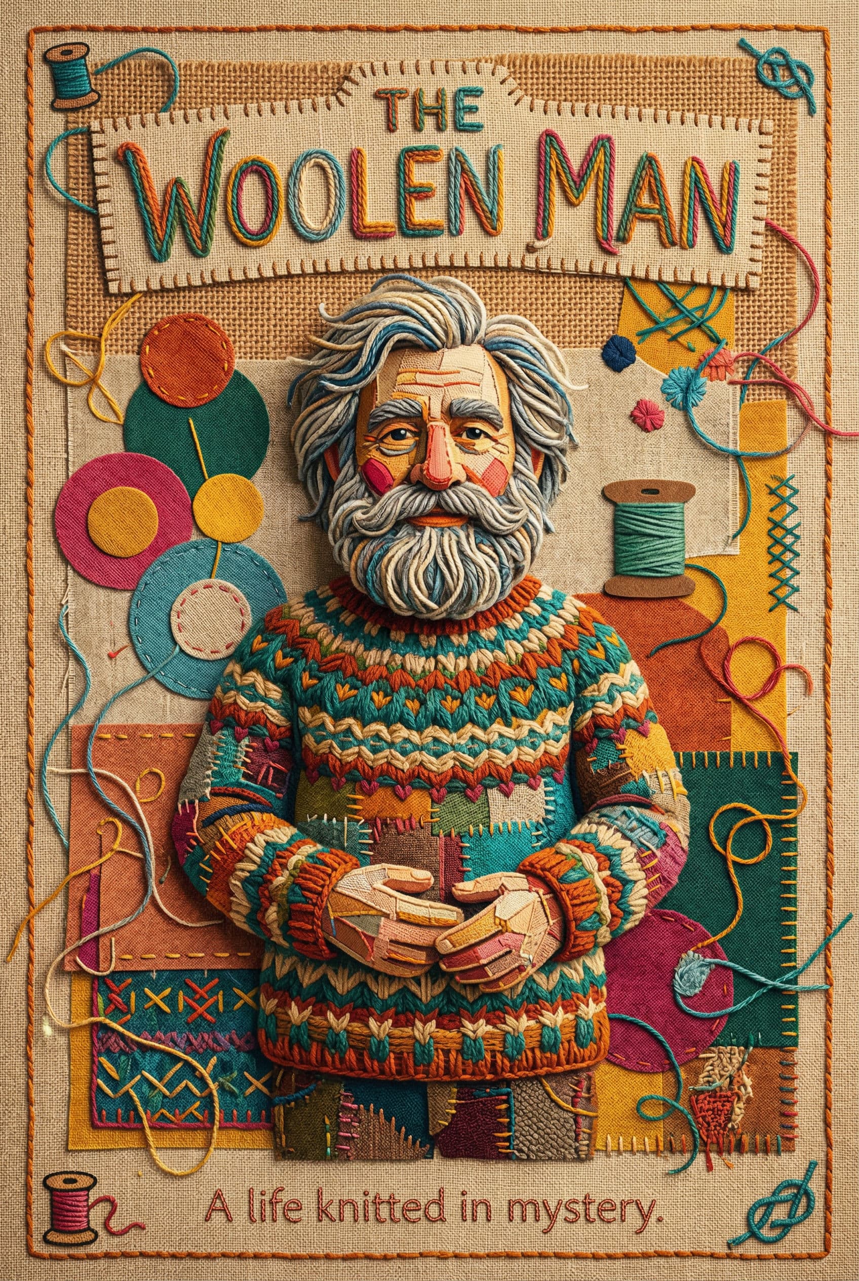 Poster film hasil generate untuk 'The Woolen Man' dengan gaya ilustrasi berwarna dan detail, menampilkan pria berjenggot memakai sweater rajut dengan tagline 'A life knitted in mystery'