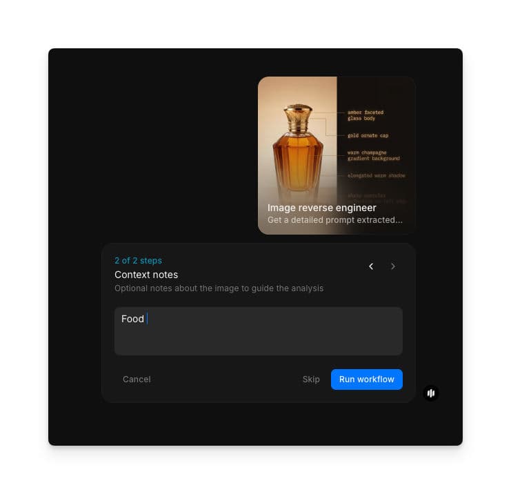 Paso Context notes que muestra un campo de texto con “Food” ingresado y un botón Run workflow