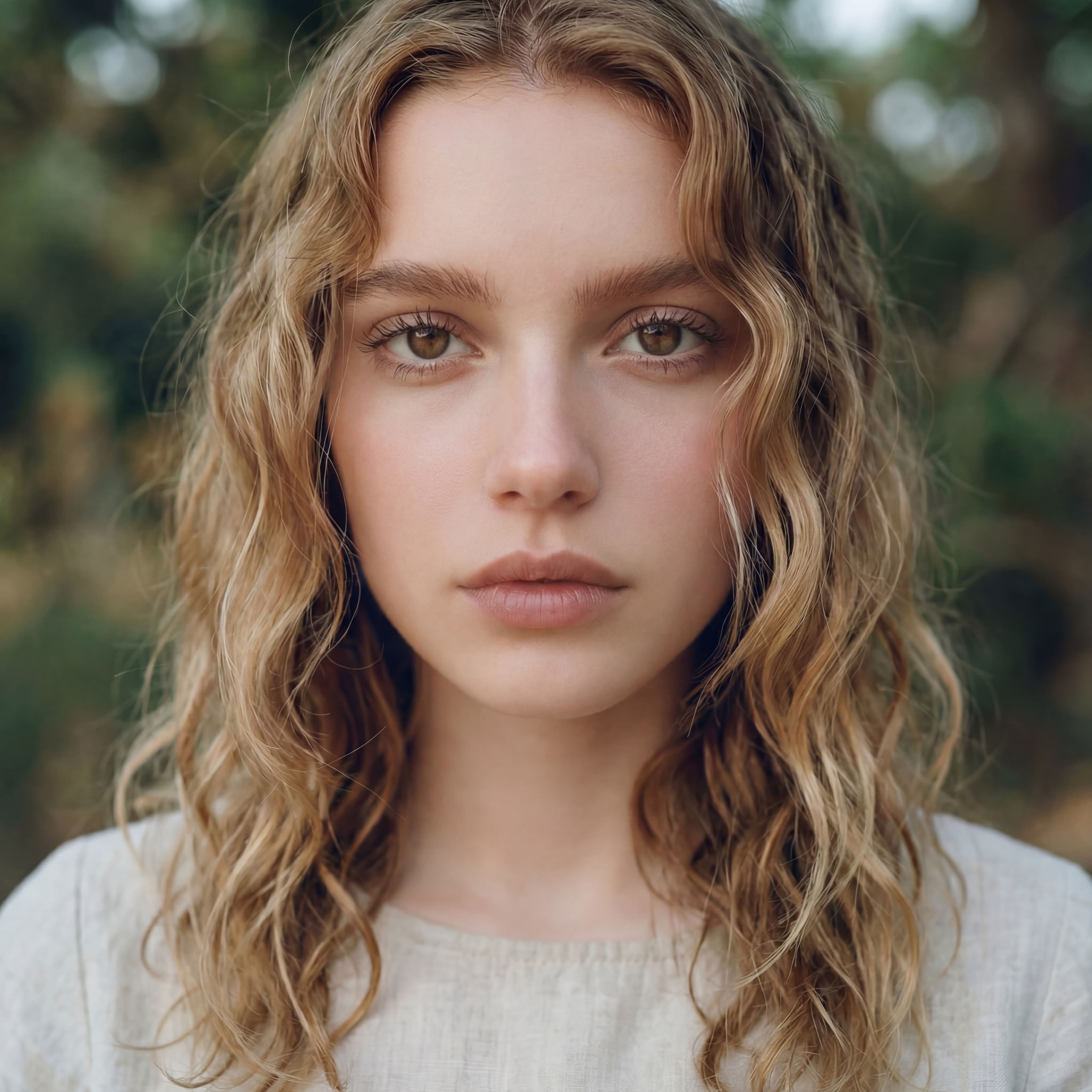 Retrato generado con IA de una mujer joven con cabello rubio ondulado mostrando piel poco natural, lisa y de aspecto plástico