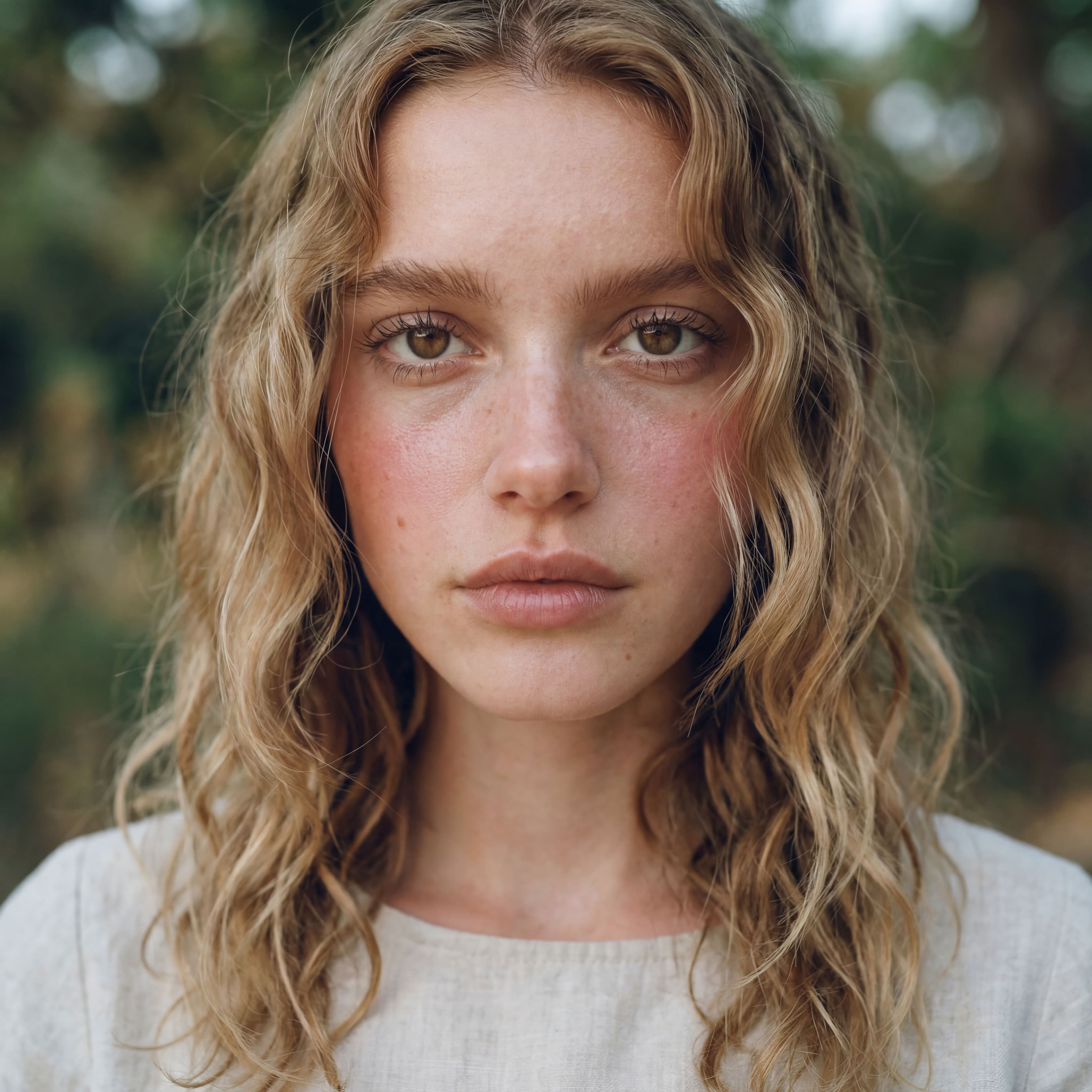 El mismo retrato con piel natural mejorada mostrando poros visibles, pecas sutiles y variación de color realista en mejillas y nariz