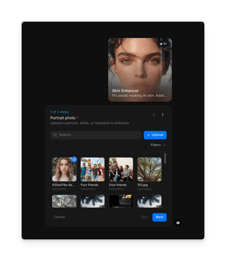 Upload interface for AI-generated image in the Morphic skin enhancer workflow