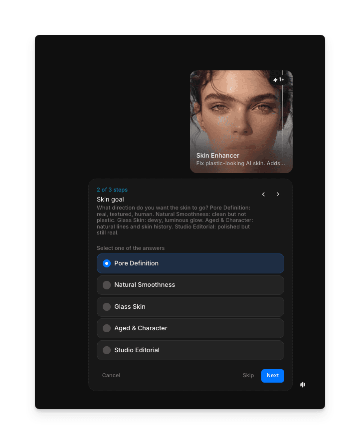 Skin goal selection screen with pore definition, natural smoothness, glass skin, aged and character, and studio editorial options