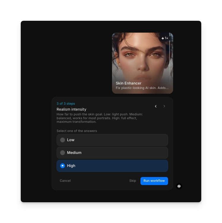Selección de intensidad de realismo mostrando botones de opción para Low, Medium y High con un botón Run workflow