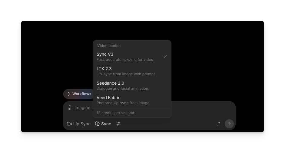 Selector de modelos de Video de Morphic mostrando Sync V3, LTX 2.3, Seedance 2.0 y Veed Fabric, con Sync V3 seleccionado
