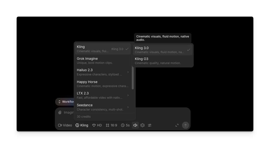 Selección de Kling 3.0 o Kling O3 en el menú desplegable de modelos de Morphic