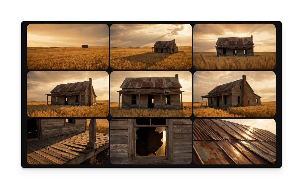 Cuadrícula final de storyboard 3x3 mostrando nueve paneles cinematográficos generados a partir de una sola imagen de referencia