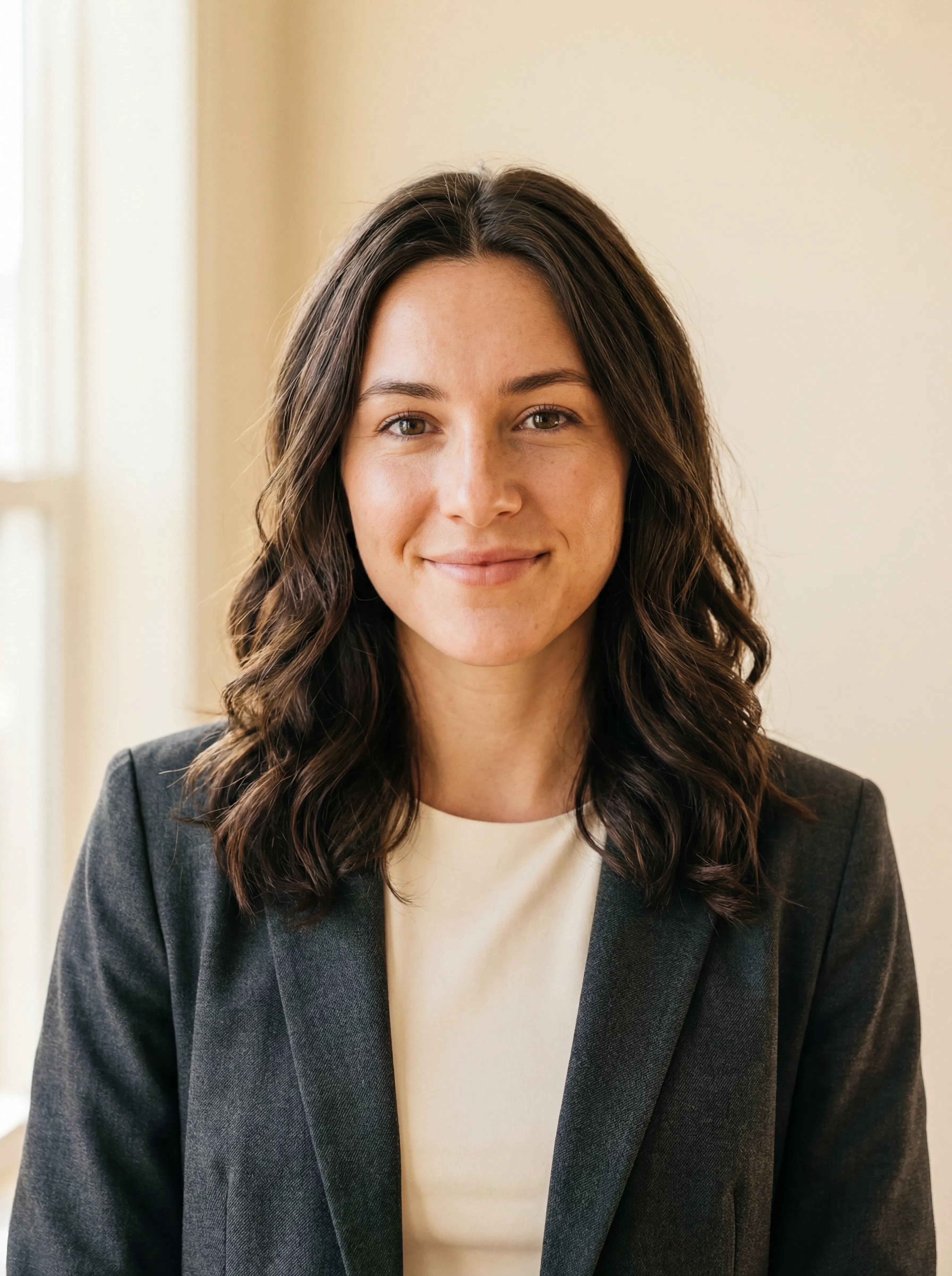 Dieselbe Frau in einem professionellen Headshot mit dunklem Blazer, weichem Studiolicht und neutralem beigem Hintergrund