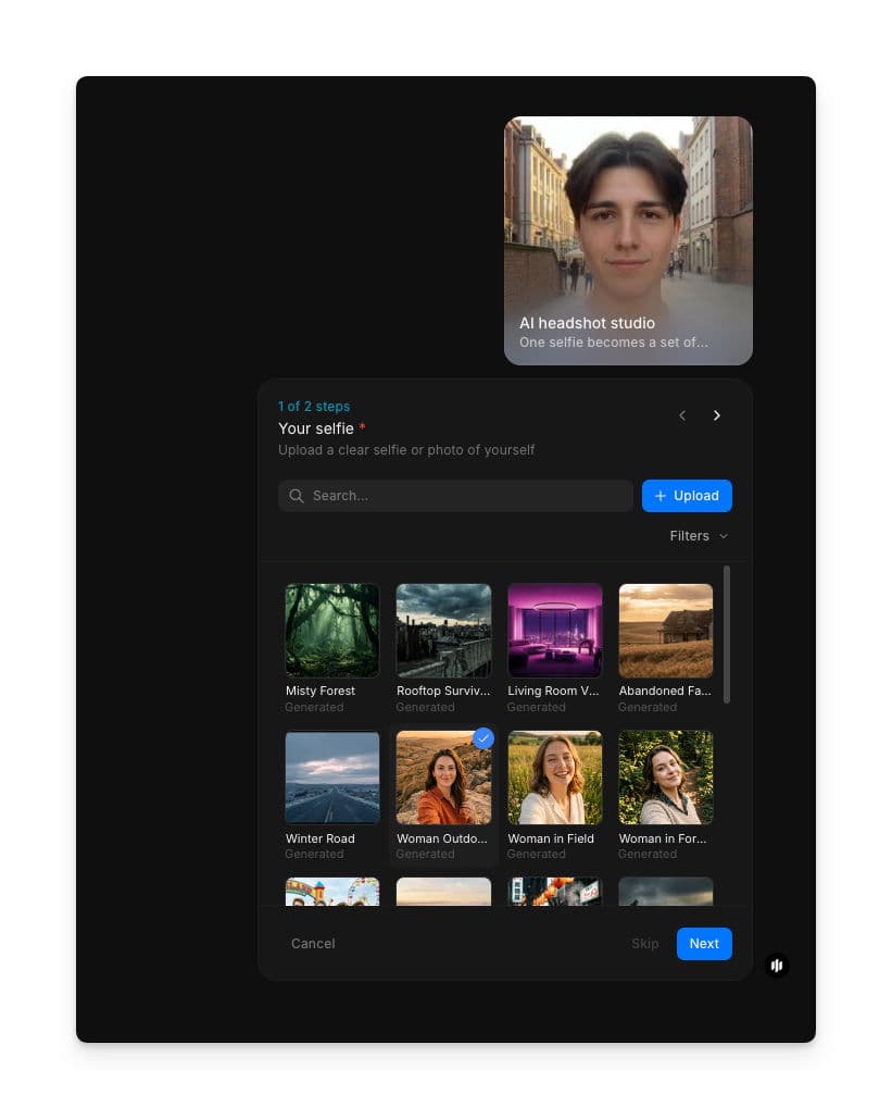 Langkah 1 workflow AI headshot studio menampilkan kolom Your selfie dengan galeri gambar yang bisa dicari dan tombol Upload