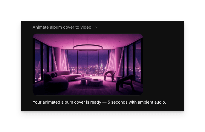 Completed animated album cover showing a stylized scene with ambient lighting
