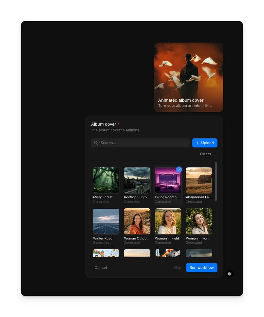 Workflow de portada de álbum animada con el campo Portada de álbum, una galería con búsqueda y los botones Subir y Ejecutar workflow