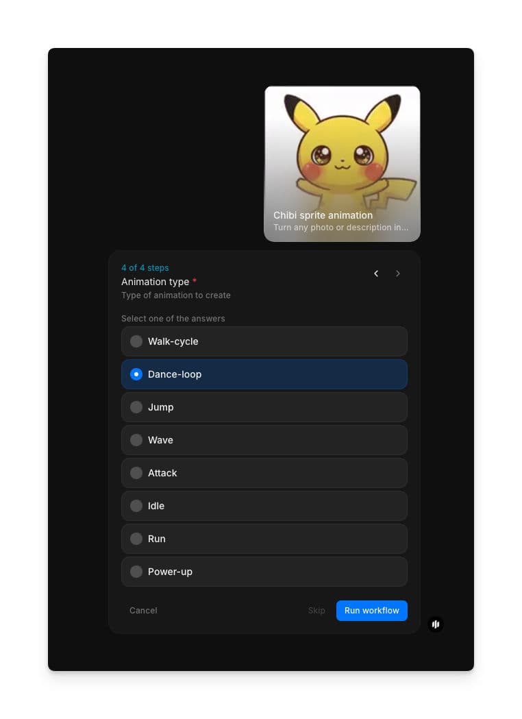 Selección del tipo de animación con botones de opción para Walk-cycle, Dance-loop, Jump, Wave, Attack, Idle, Run y Power-up junto a un botón Run workflow
