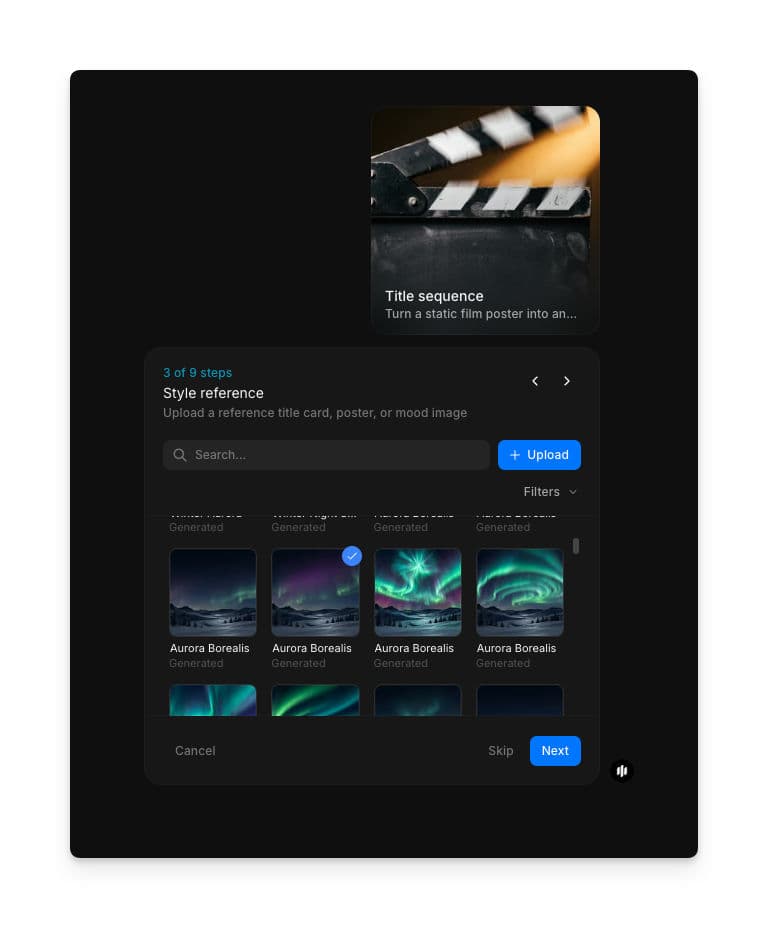 Paso de referencia de estilo con una galería de imágenes cinematográficas de referencia y un botón para subir archivos