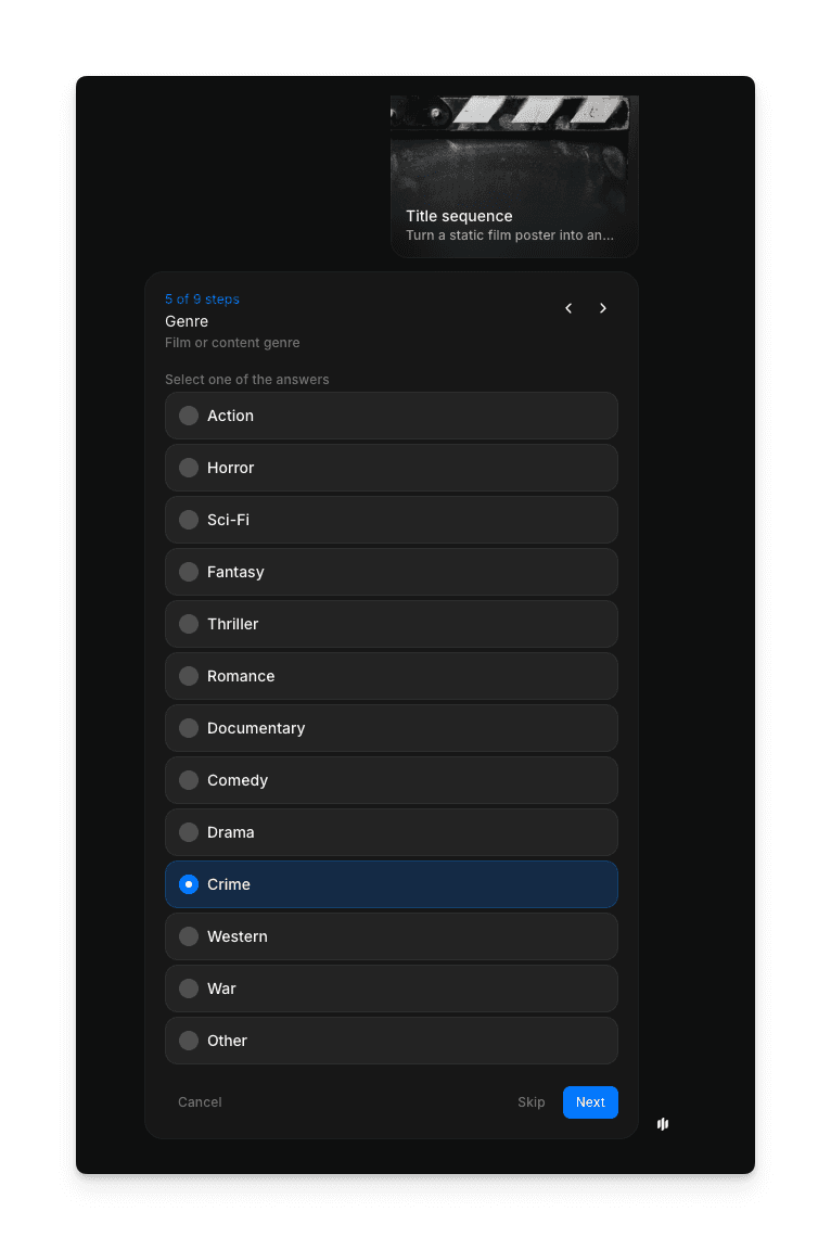 类型选择界面,包含动作、恐怖、科幻、奇幻、惊悚和爱情选项