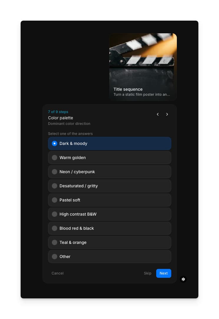 Pantalla de configuración de parámetros de animación en el workflow de secuencia de títulos de Morphic