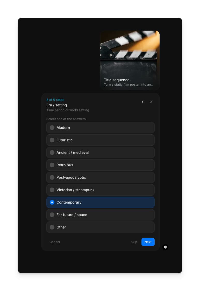 Pantalla de selección de efectos de salida en el workflow de secuencia de títulos de Morphic