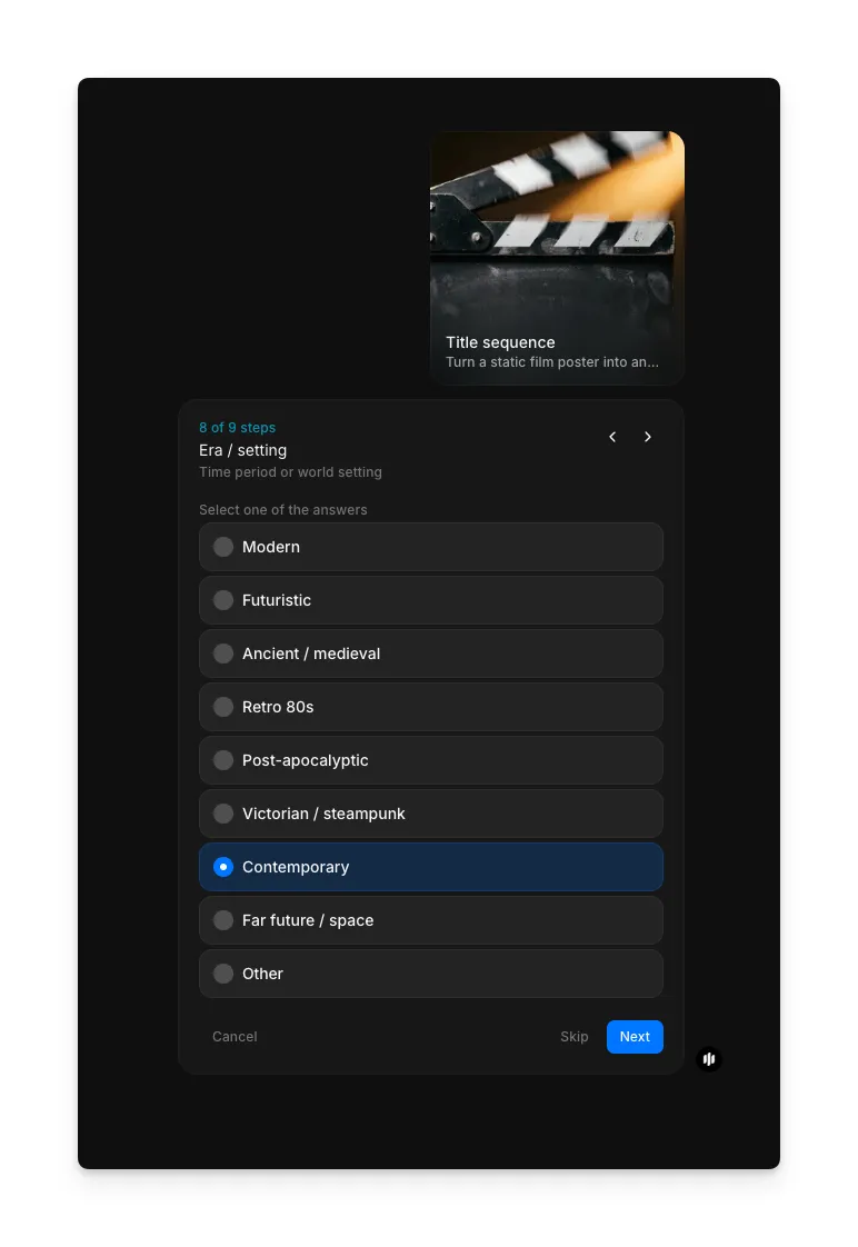 Bildschirm zur Auswahl der Ausgabeeffekte im Morphic-Titelsequenz-Workflow