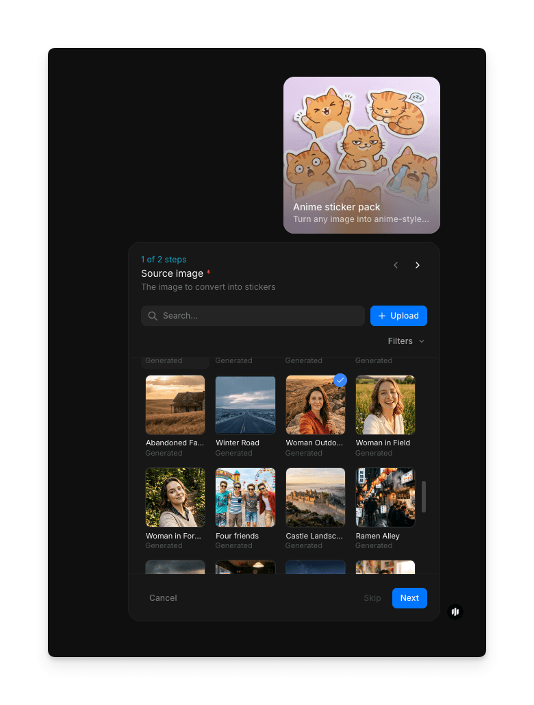 Morphic anime sticker pack workflow showing the photo upload step