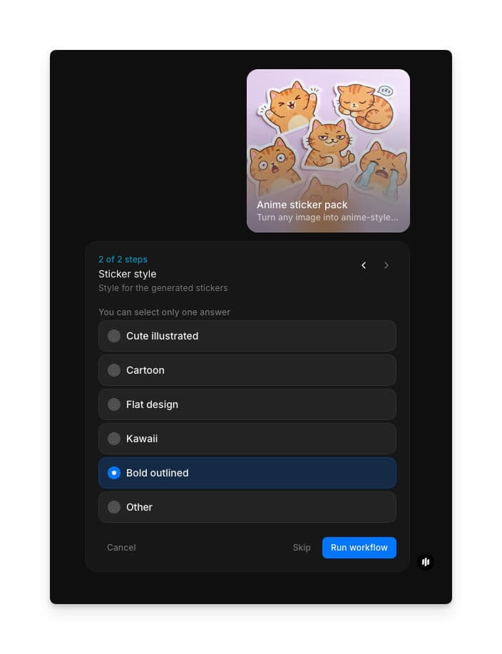 Auswahl des Sticker-Stils mit Radiobuttons für Cute illustrated, Cartoon, Flat design, Kawaii, Bold outlined und Other sowie einer Run-workflow-Schaltfläche