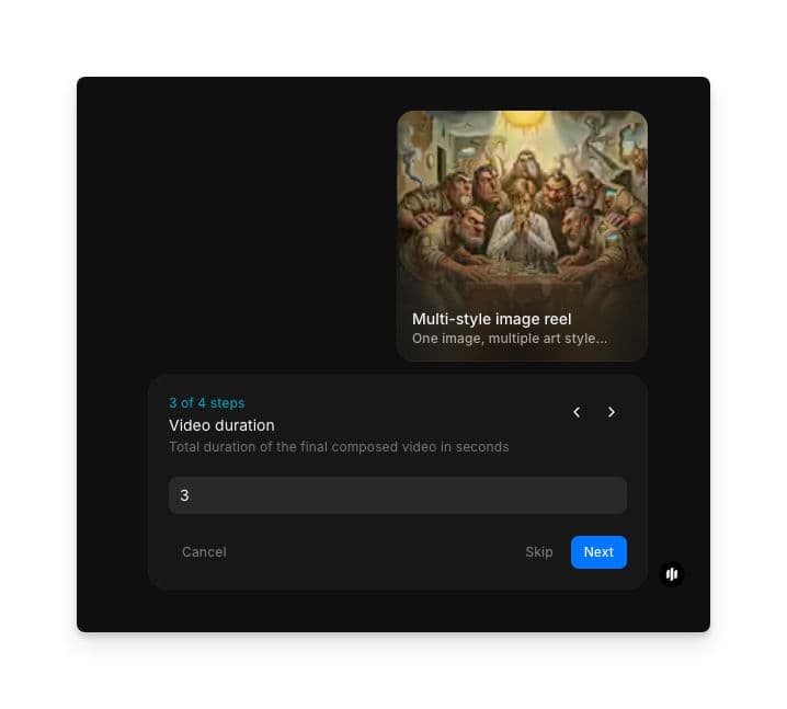 Paso Video duration mostrando un campo de texto con el valor 3, medido en segundos