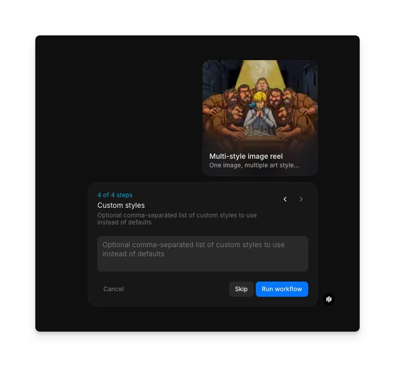 Paso Custom styles mostrando un campo de texto opcional para nombres de estilos personalizados separados por comas y un botón Run workflow
