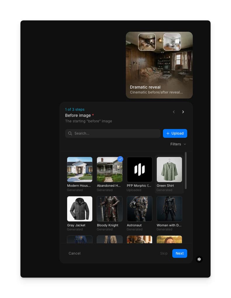 Dramatic reveal workflow step 1 showing the Before image field with a searchable gallery and an Upload button