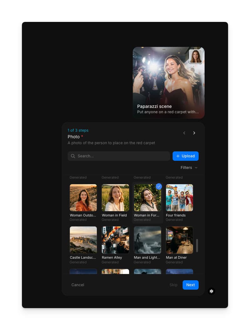 Paso 1 del workflow Paparazzi scene mostrando el campo Photo con una galería de imágenes de retrato con buscador y un botón de subida