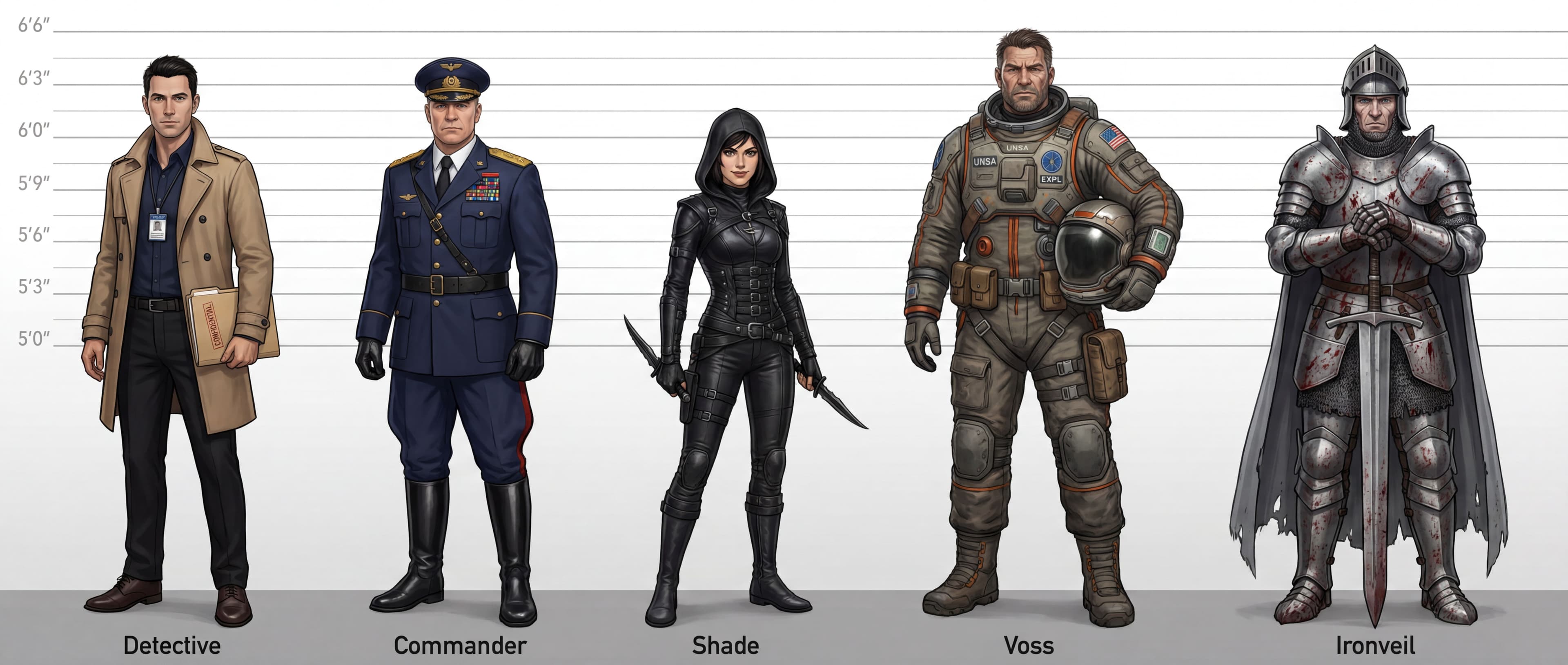 Hoja de alineación de personajes final, que muestra a todos los personajes con comparación de estatura exacta y un estilo consistente