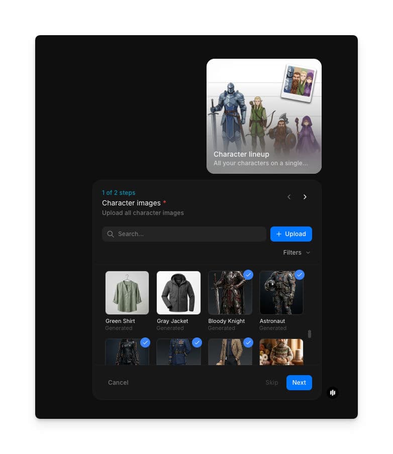 Passo 1 do workflow Character lineup mostrando o campo Character images com uma galeria pesquisável de referências de personagens e um botão Upload