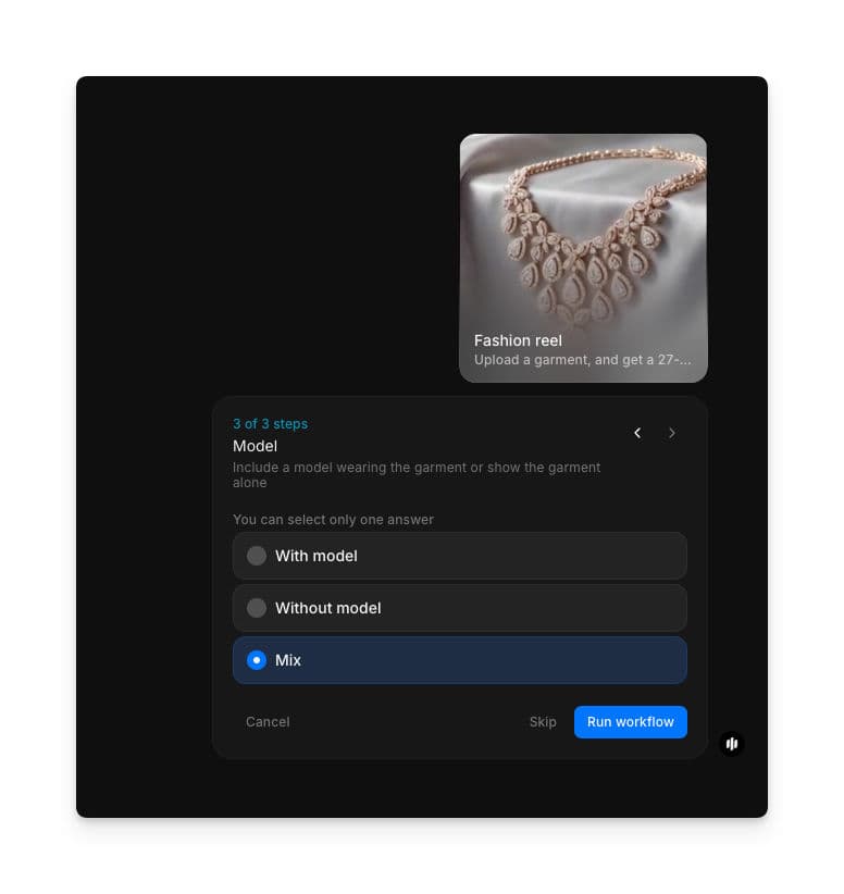 Selección de modelo con botones de opción para With model, Without model y Mix junto a un botón Run workflow