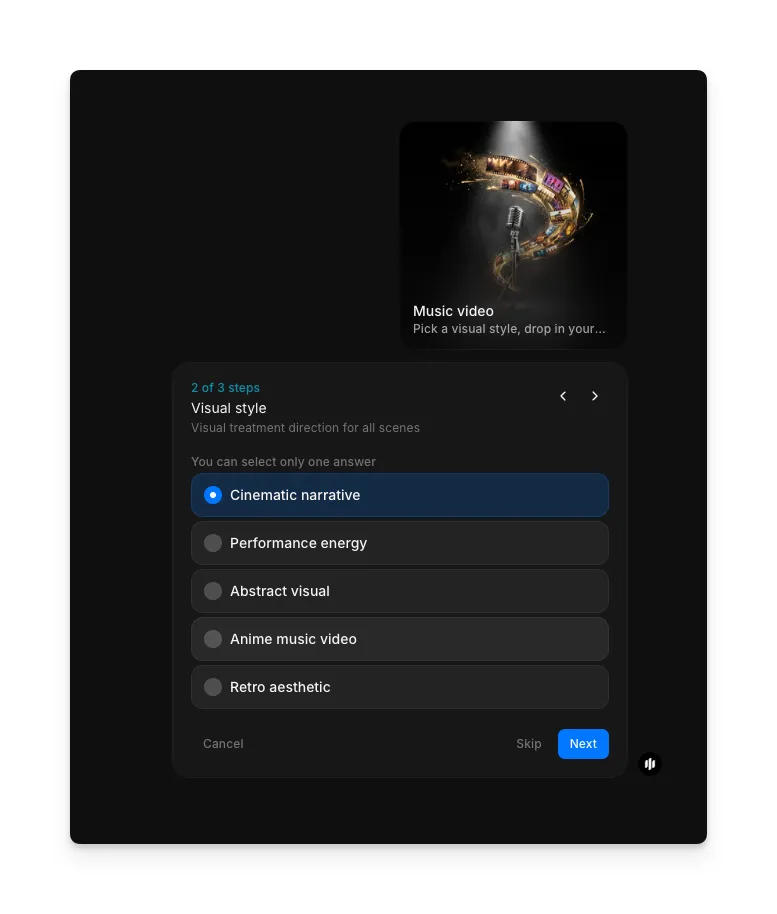Auswahl des visuellen Stils mit Radiobuttons für Cinematic narrative, Performance energy, Abstract visual, Anime music video und Retro aesthetic