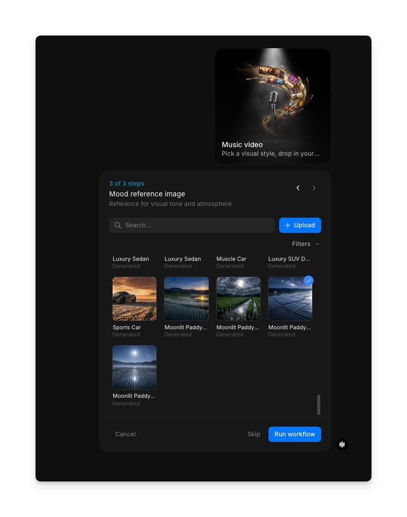 Mood reference image adımı, atmosferik manzara görsellerinden oluşan aranabilir bir galeriyi, Upload ve Run workflow butonlarıyla birlikte gösteriyor