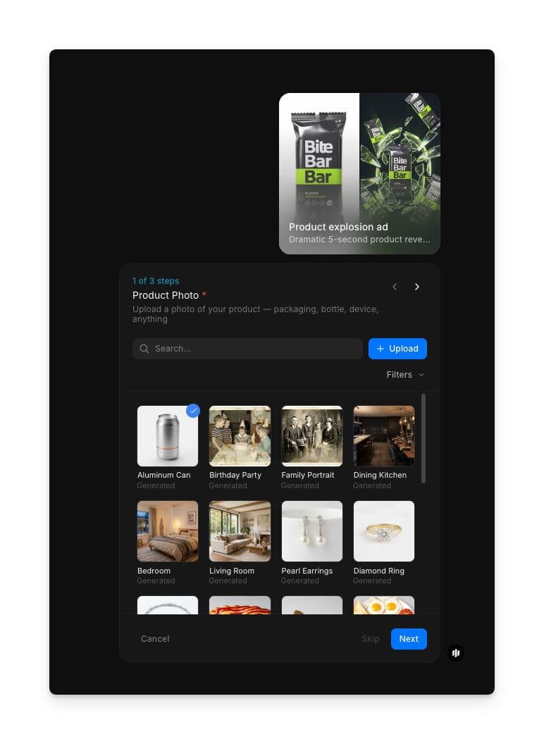 Etapa 1 do workflow de vídeo de revelação de produto mostrando o campo Product Photo com galeria com busca e um botão de upload