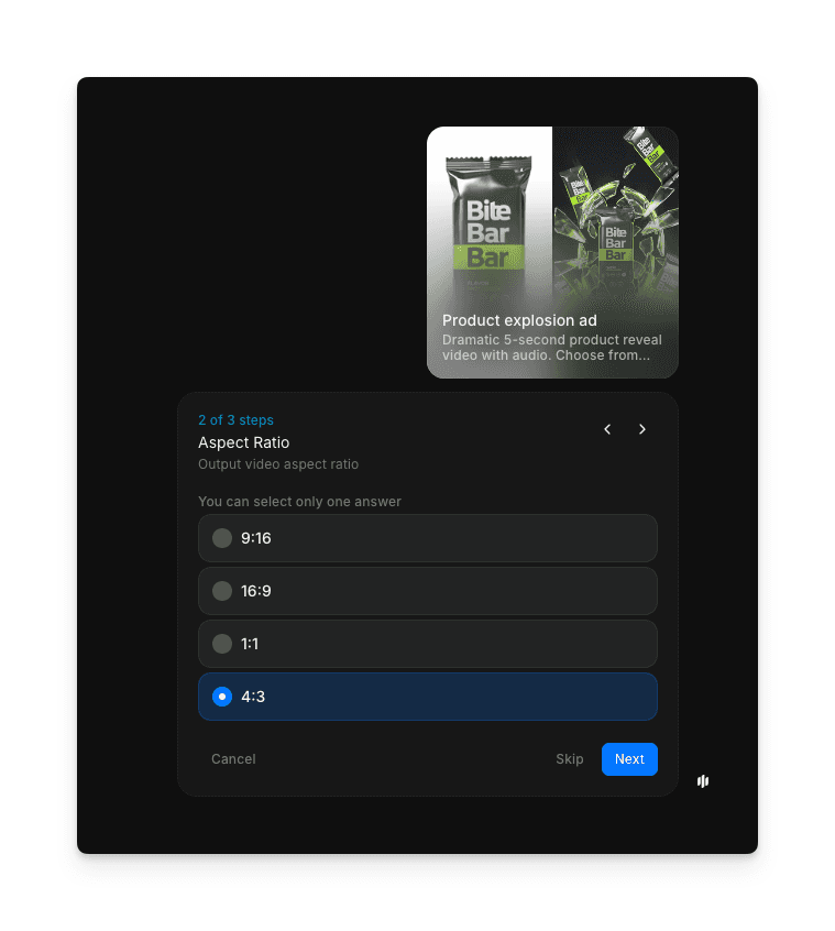 Aspect ratio selection screen with 9:16 vertical, 10:9 square, and 4:3 horizontal options