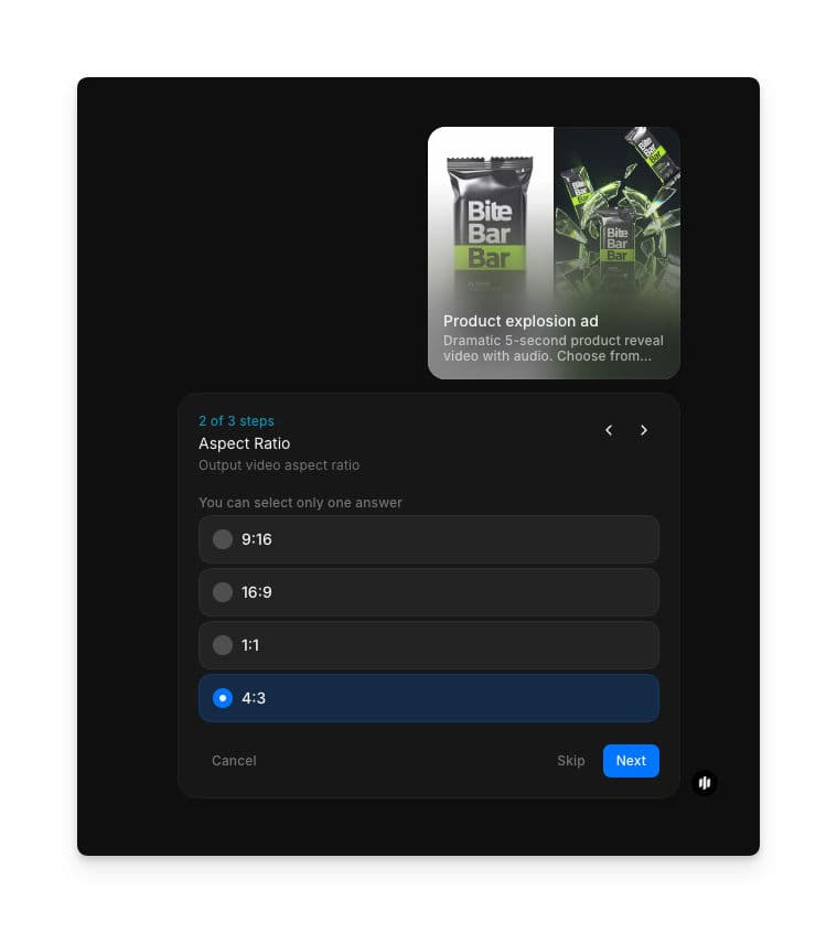 Paso 2 del workflow de revelación de producto con las opciones de relación de aspecto 9:16, 16:9, 1:1 y 4:3
