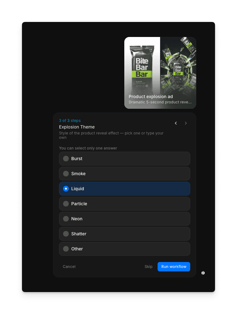 Reveal effect selection screen showing burst, smoke, liquid, particle, neon, and shatter options
