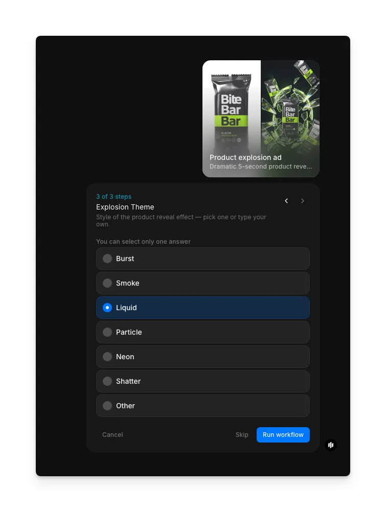 Schritt 3 des Product-explosion-ad-Workflows mit dem Selektor Explosion Theme und den Optionen Burst, Smoke, Liquid, Particle, Neon, Shatter und Other