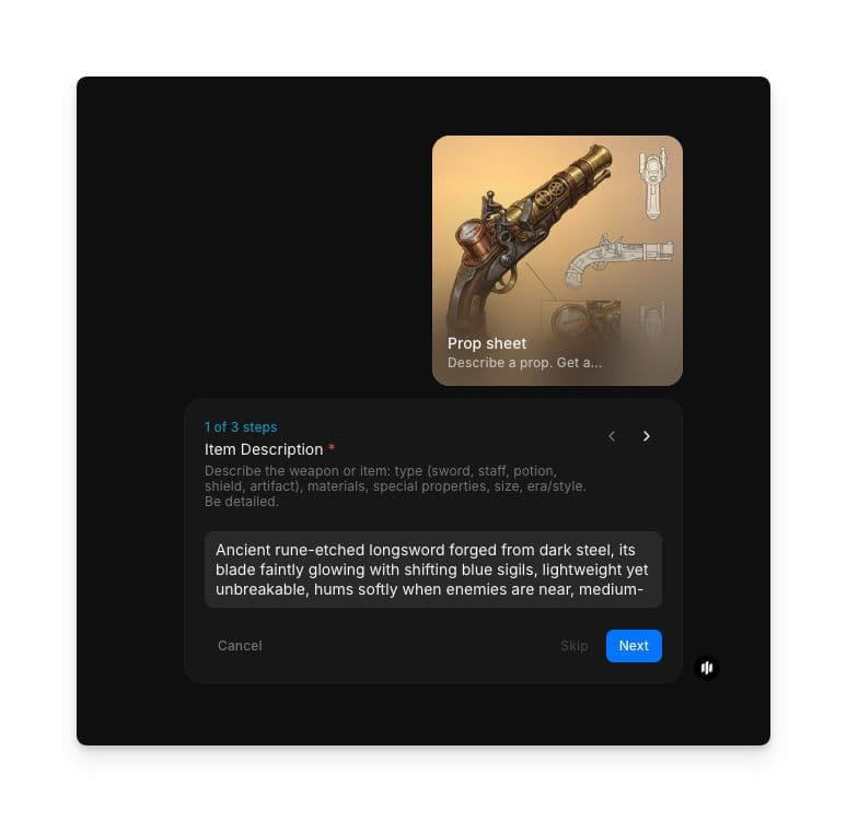 Paso 1 del workflow Prop sheet con el campo de texto Item Description y una descripción de arma detallada