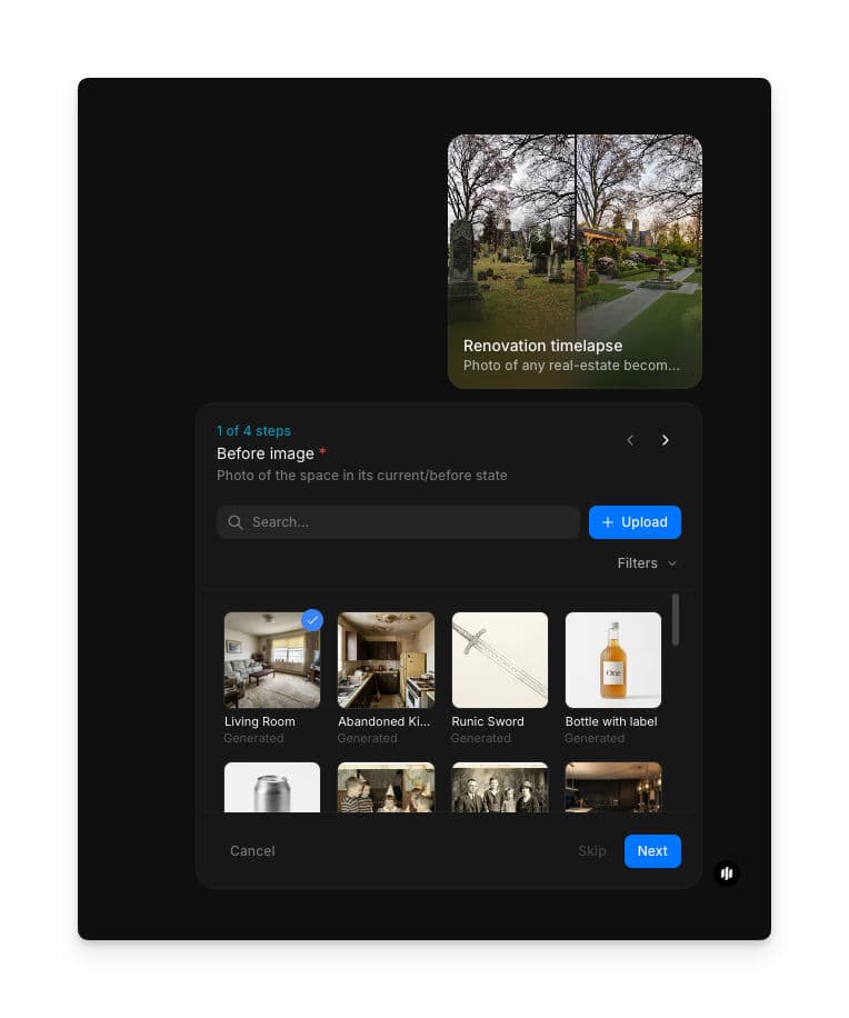 Galería de imagen inicial en el workflow de timelapse de remodelación de Morphic