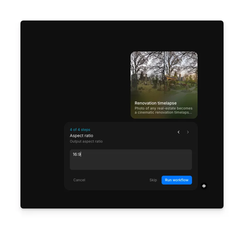 Textfeld Aspect ratio mit dem Eintrag 16:9 in Morphics Renovation-timelapse-Workflow