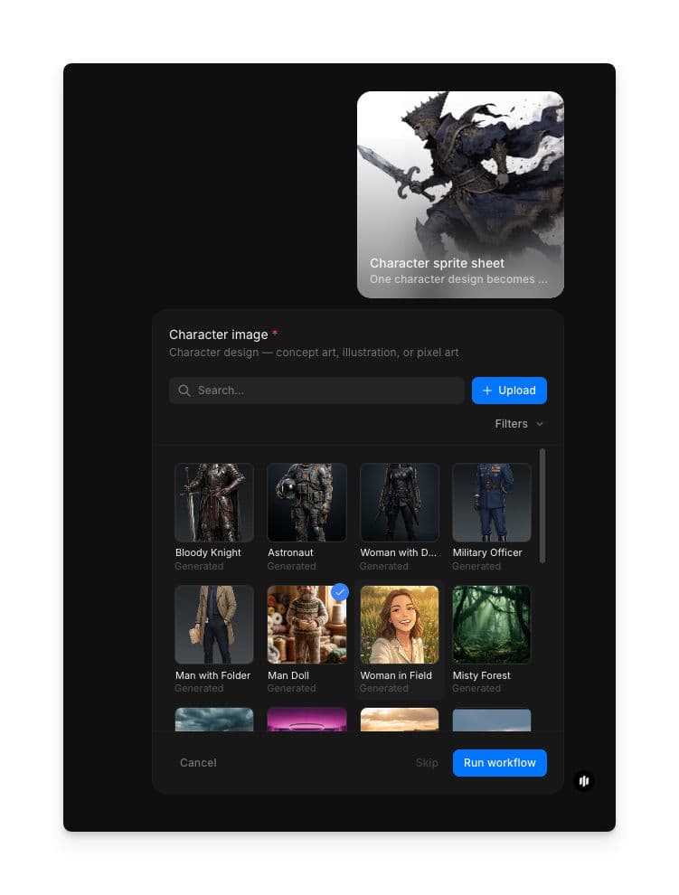 Character-sprite-sheet-Workflow mit dem Feld Character image, einer durchsuchbaren Galerie sowie Upload- und Run-workflow-Schaltflächen