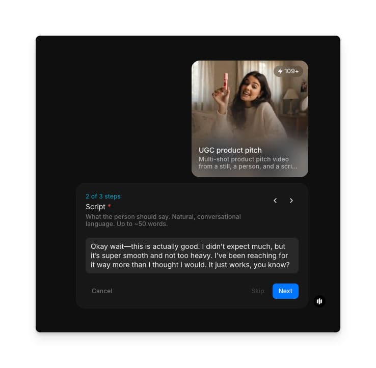 Kolom skrip dengan subtitle menunjukkan bahasa percakapan natural hingga 50 kata di workflow pitch produk UGC Morphic