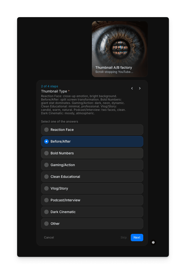 볼드 & 그래픽, 시네마틱, 페이스 포워드, 스플릿 비교, 호기심 갭 옵션이 있는 썸네일 스타일 선택 화면
