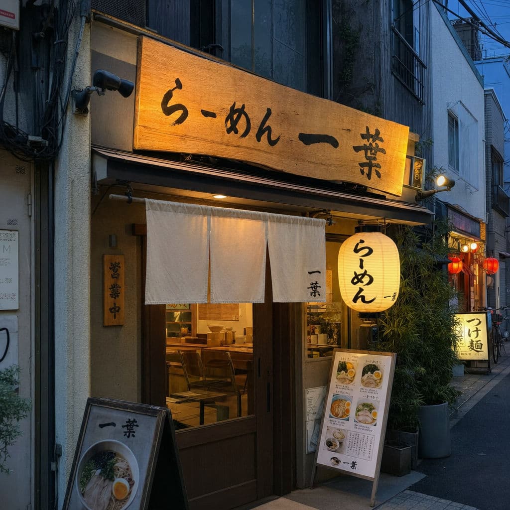 ChatGPT Images 2.0 による多言語看板の出力:夕暮れの東京、手書きの日本語看板を掲げたラーメン店の店先