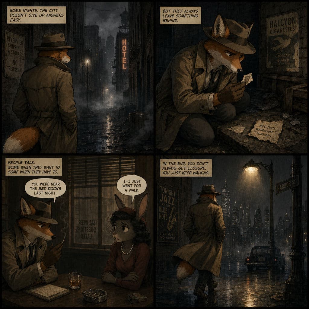 ChatGPT Images 2.0 によるマルチパネル漫画の出力:1940年代のノワール都市を舞台にしたキツネ探偵の4コマストーリーボード