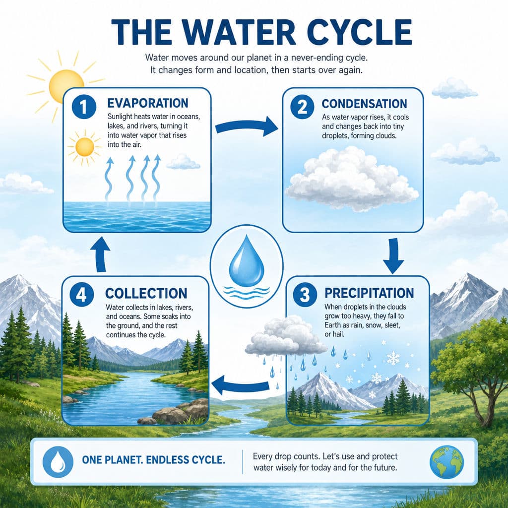 Resultado de infografía de ChatGPT Images 2.0: diagrama del ciclo del agua con cuatro etapas etiquetadas e íconos de estilo editorial