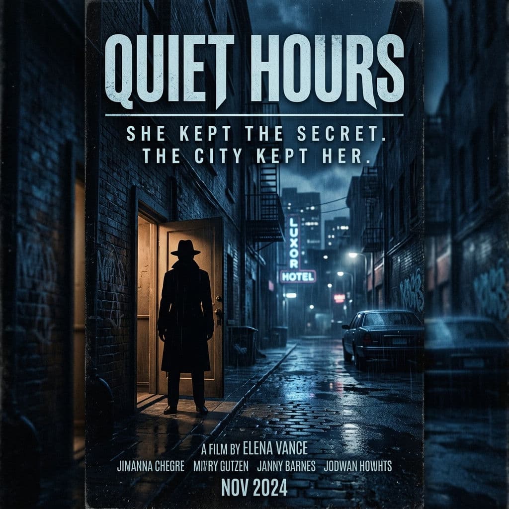 Resultado de póster de película con mucho texto de Nano Banana 2: póster neo-noir de una película llamada Quiet Hours con tipografía de título y tagline
