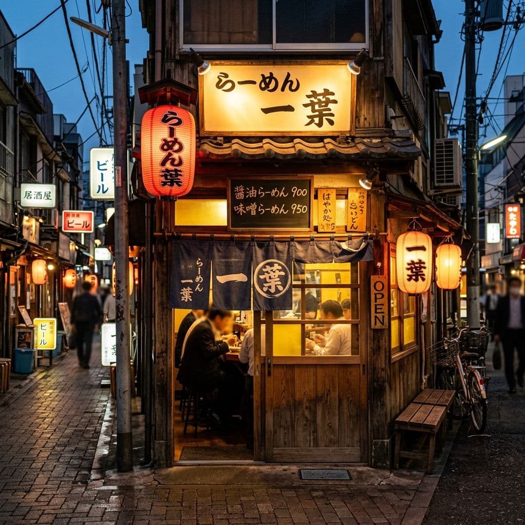 Resultado de señalética multilingüe de Nano Banana 2: fachada de un local de ramen en Tokio al atardecer con señalética japonesa pintada a mano