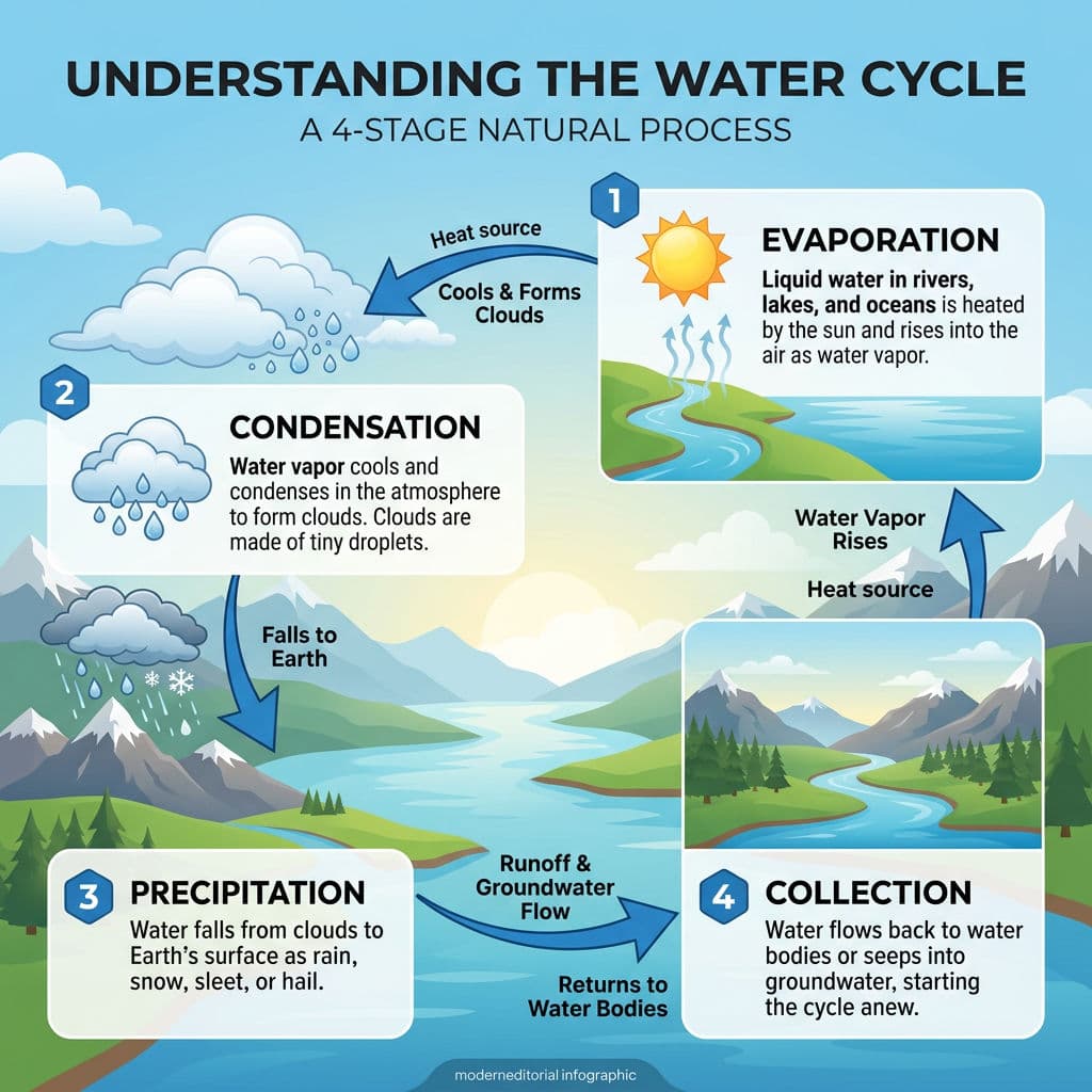 Resultado de infografía de Nano Banana 2: diagrama del ciclo del agua con cuatro etapas etiquetadas e íconos de estilo editorial