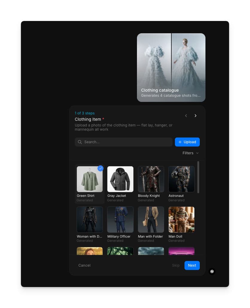 Paso 1 del workflow de catálogo de ropa mostrando el campo Clothing item con una galería de búsqueda y un botón para subir imagen