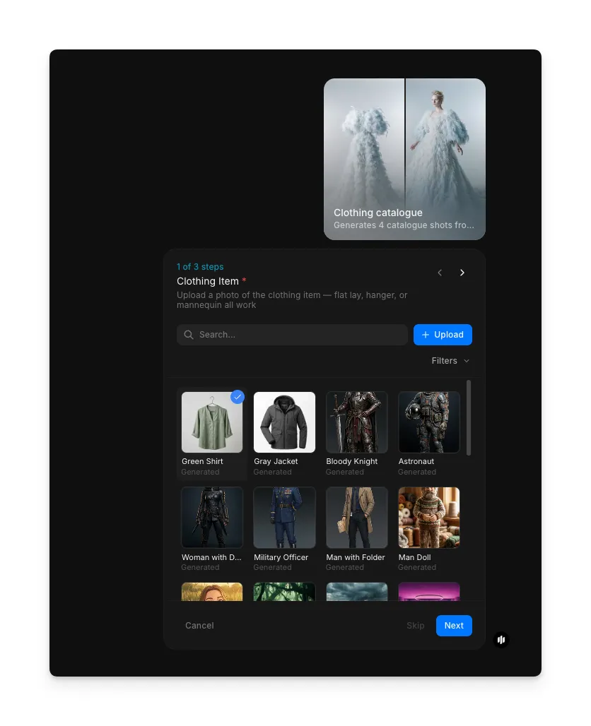 Paso 1 del workflow de catálogo de ropa mostrando el campo Clothing item con una galería de búsqueda y un botón para subir imagen